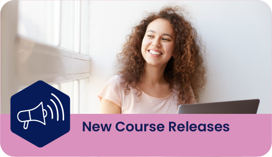 Smiling woman, text underneath reads 'new course releases'